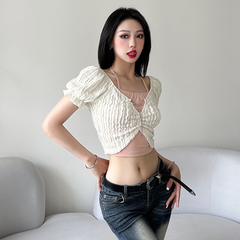 Weird Puss Áo Thun Crop Top Tay Ngắn Cổ Yếm Đơn Giản Thời Trang Mùa Hè Dành Cho Nữ