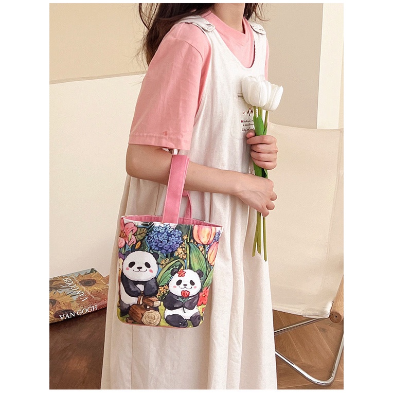 Túi Xách Canvas Họa Tiết Gấu Trúc Hoạt Hình Dễ Thương