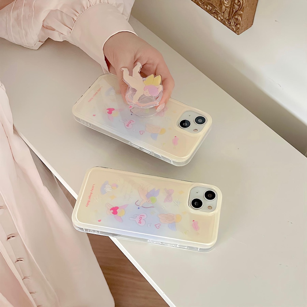 Ốp Điện Thoại Imd Trong Suốt Viền Thẳng In Hoạt Hình Thiên Thần Kèm Giá Đỡ Cho iPhone 14 13 12 11 PRO MAX