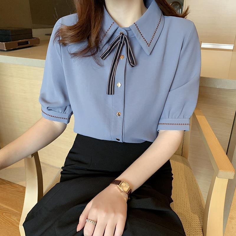 Áo Sơ Mi Voan Ngắn Tay Thắt Nơ Phong Cách Hàn Quốc Thanh Lịch Dành Cho Nữ