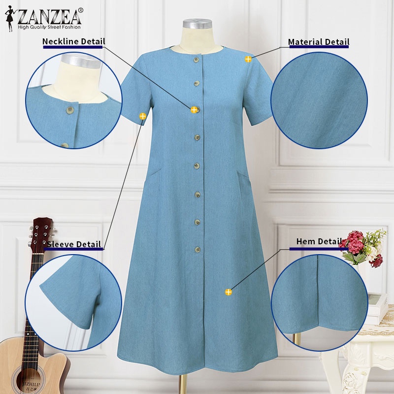 Zanzea Đầm Ngắn Tay Cổ Tròn Form Rộng Phong Cách Cổ Điển Dành Cho Nữ