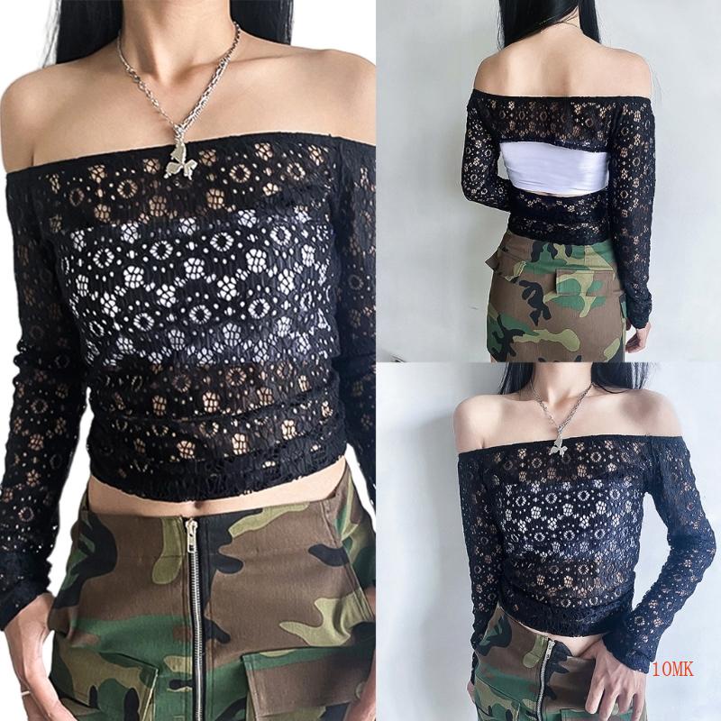 Áo Croptop Trễ Vai Tay Dài Màu Trơn Phối Ren Quyến Rũ Cho Nữ