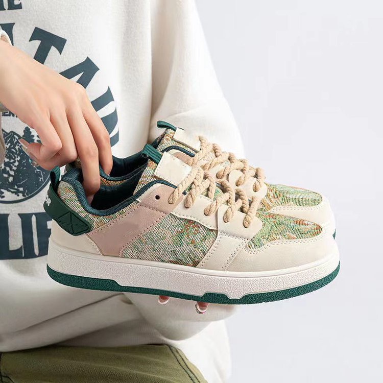 Giày Thể Thao Đế Cao Su Mềm Màu Hồng Và Xanh Lá Phong Cách Retro Dành Cho Nữ