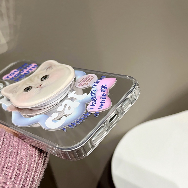 Ốp Điện Thoại Mềm Chống Sốc Tráng Gương In Hình Mèo Hoạt Hình Dễ Thương Có Giá Đỡ Cho iPhone 14 13 12 11 Pro Max 14 Plus