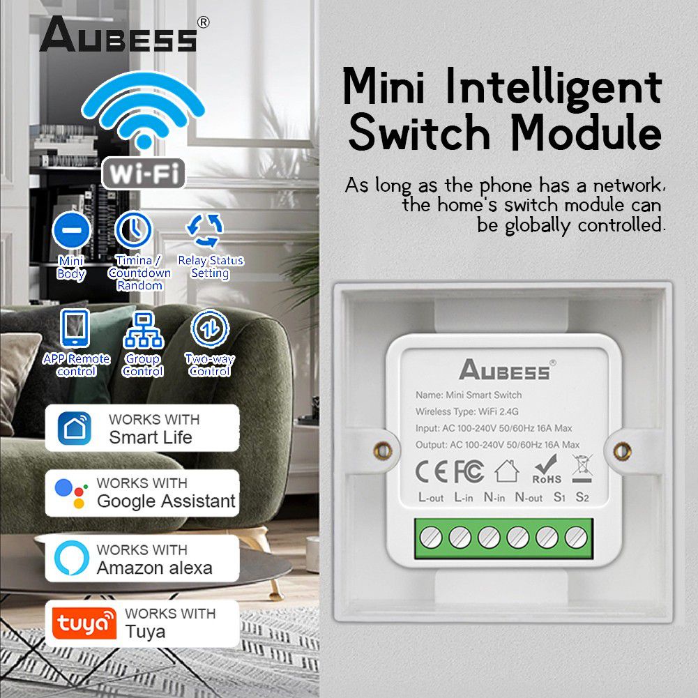 Mô-đun công tắc thông minh AUBESS 16a Tuya mini màn hình năng lượng wifi tự làm 2 chiều Google Alexa