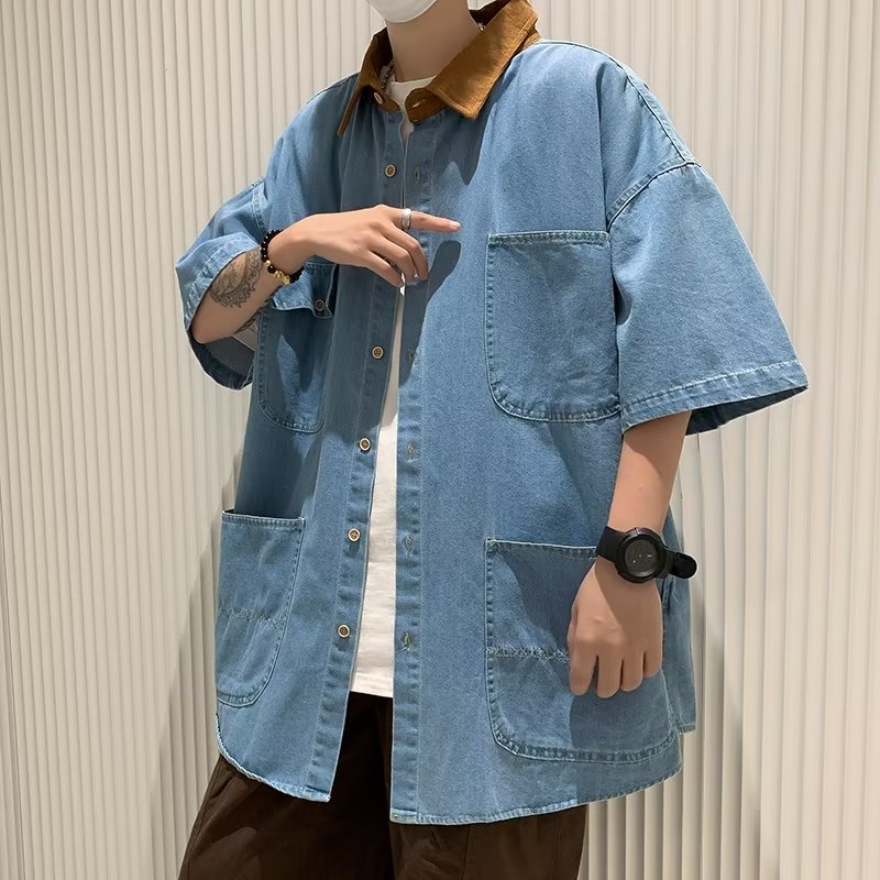 Áo Sơ Mi Denim Tay Ngắn Dáng Rộng Phối Túi Độc Đáo Phong Cách Nhật Bản Thời Trang Cho Nam Và Nữ