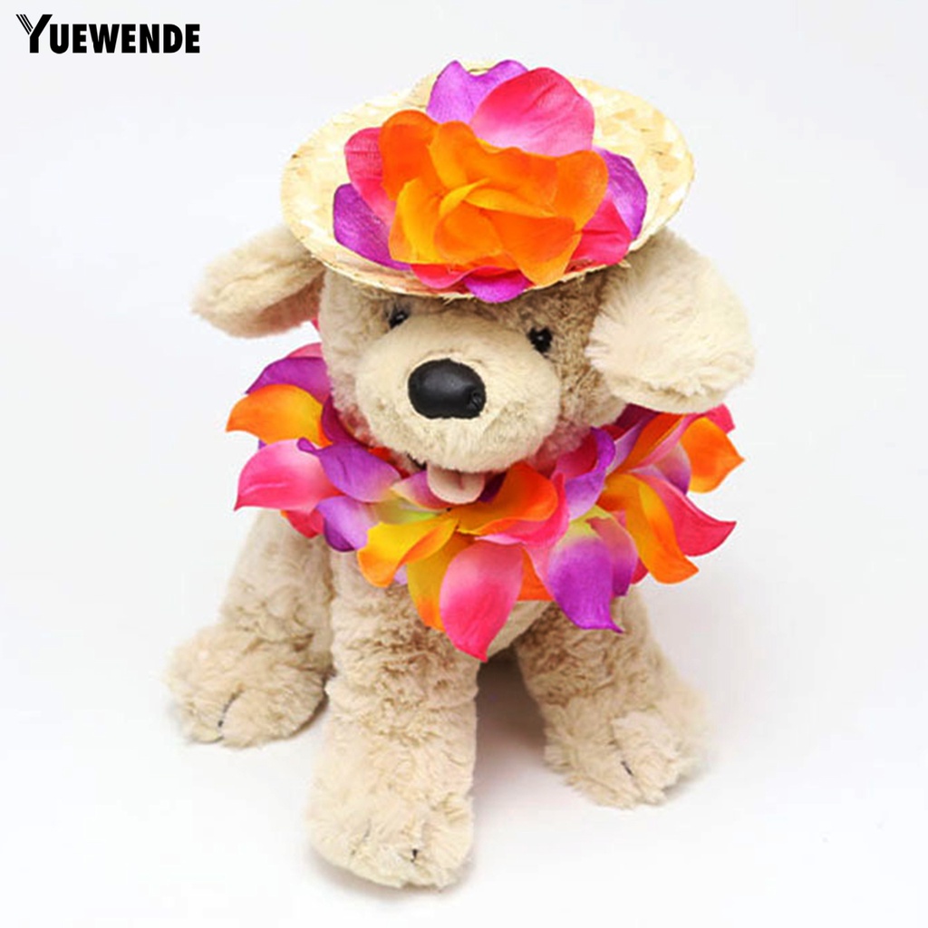 Yq.e Mũ Rơm Hawaiian Thoáng Khí Màu Tươi Sáng Kèm Vòng Hoa Cho Thú Cưng