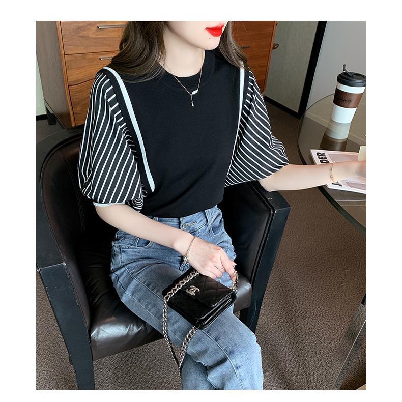 Áo Thun Dệt Kim Tay Ngắn Họa Tiết Kẻ Sọc Thời Trang Mùa Hè 2023 Cho Nữ