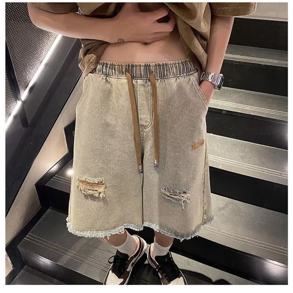 Quần Short Denim Rách Màu Sắc Bùn Vàng Phong Cách Đường Phố Mỹ Thời Trang Mùa Hè Cho Nam