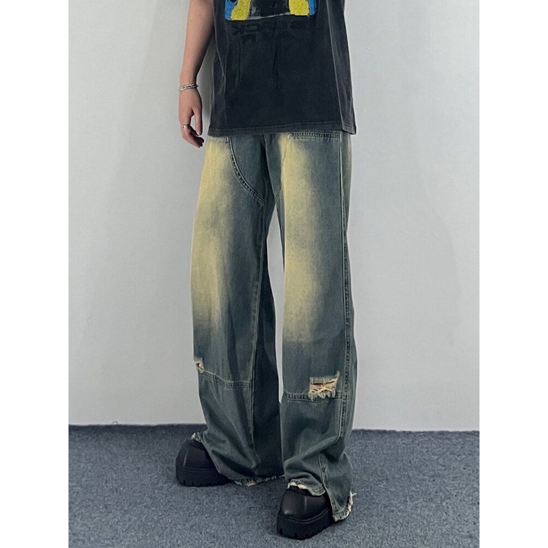 Quần Jean Ống Rộng Xẻ Tà Màu Gradient Phong Cách Đường Phố Mỹ Kiểu Mới Cho Nam Và Nữ