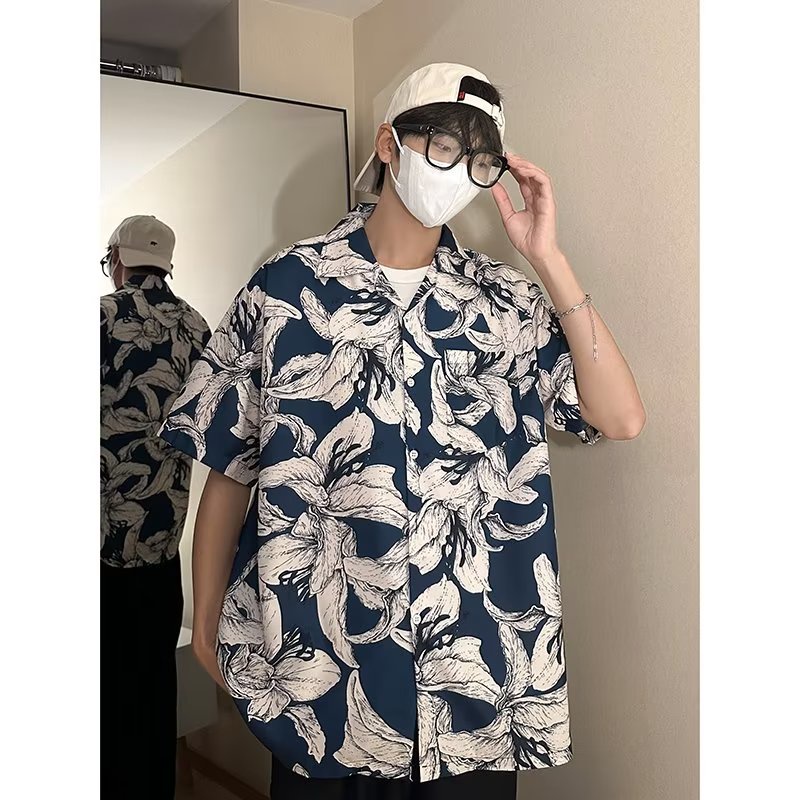 {GRNL} Áo Sơ Mi Tay Ngắn Dáng Rộng Năm Tấc Họa Tiết Vẽ Tay Tự Nhiên Thoáng Khí Retro Cho Nam Và Nữ