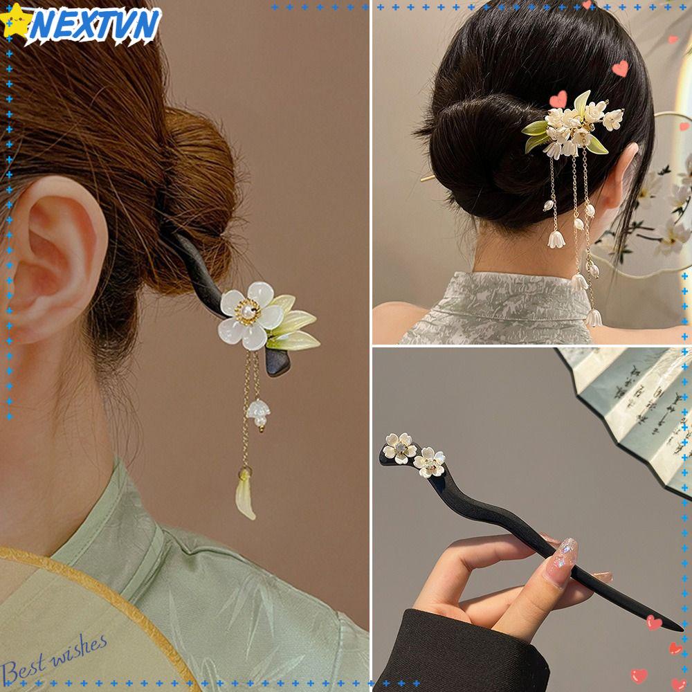 Trâm Cài Tóc Bằng Gỗ Phối Tua Rua Phong Cách Truyền Thống Trung Hoa