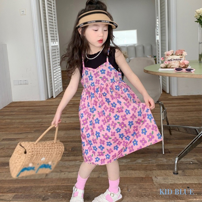 Đầm Công Chúa Giả Hai Lớp Cổ Tròn In Họa Tiết Hoa Phong Cách Hàn Quốc Thời Trang Mùa Hè Cho Bé Gái