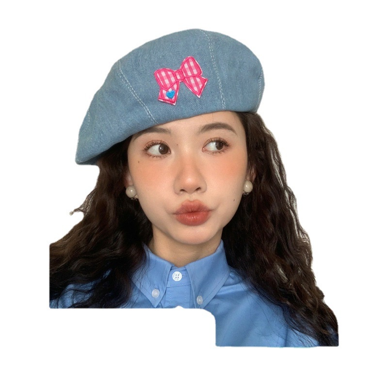 [Pink Bowknot] Mũ Nồi Denim Họa Sĩ Dễ Thương Ngọt Ngào Dễ Phối Đồ Cho Nữ