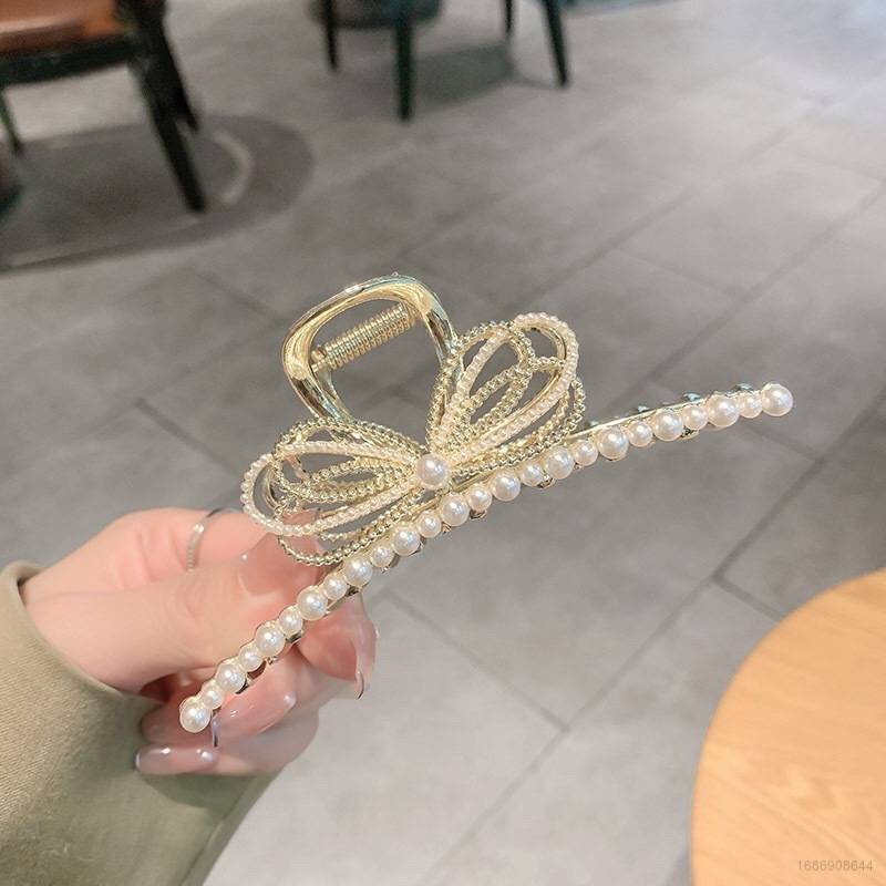 Kẹp Tóc Nơ Kim Loại Đính Ngọc Trai Thời Trang