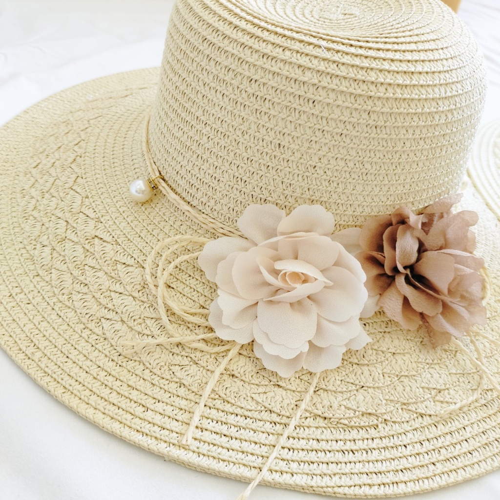 Nón cói, mũ cói đi biển nữ vành rộng đính ngọc kết 2 bông hoa vintage chất cói dày dặn dập ly tỉ mỉ NHƯ Ý