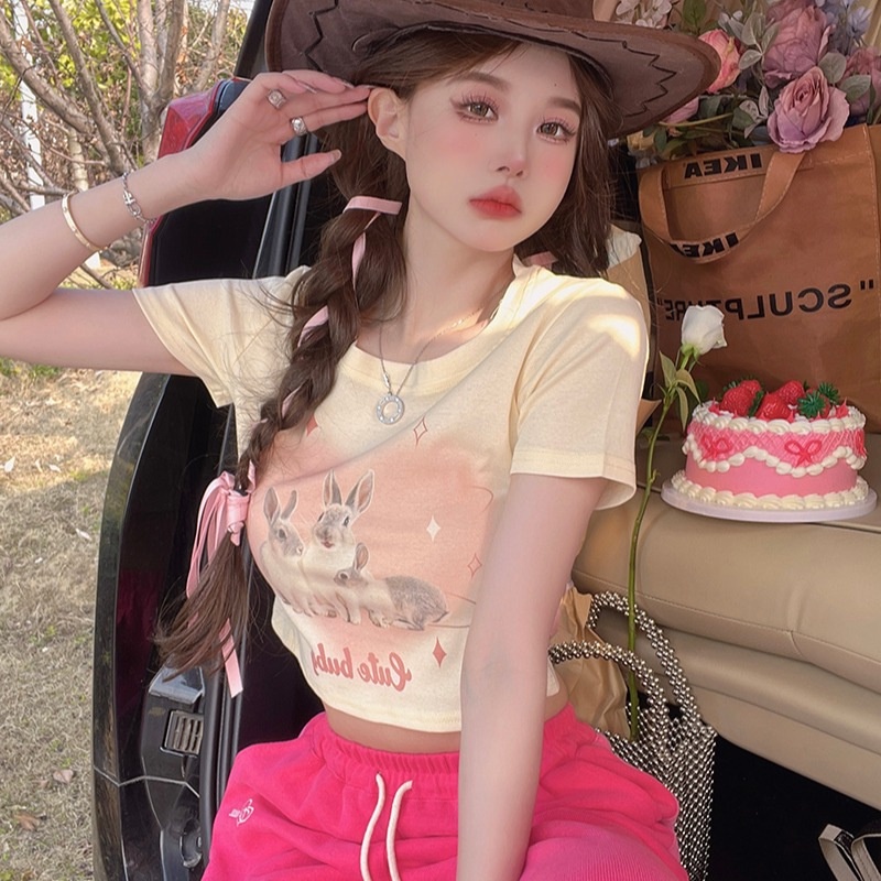 Áo Thun Tay Ngắn Hở Vai Màu Đen In Hình Thỏ Phong Cách Hàn Quốc Thời Trang Mùa Hè Cho Nữ