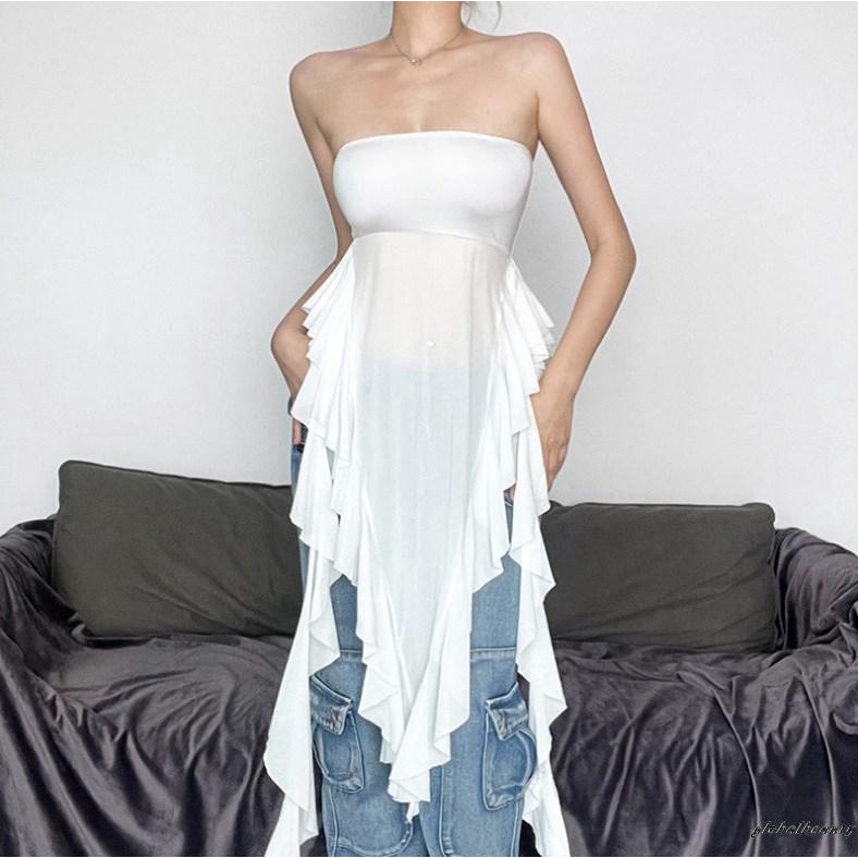 Áo Ống Nhún Bèo Hở Lưng Phối Tua Rua Phong Cách Đường Phố Cho Nữ