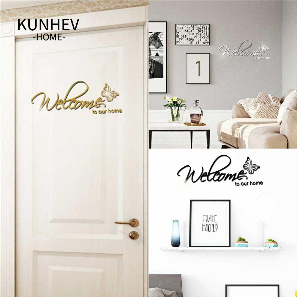 Miếng dán tường KUNHEV bằng acrylic tráng gương họa tiết chữ Welcome To Our Home 3D trang trí nội thất