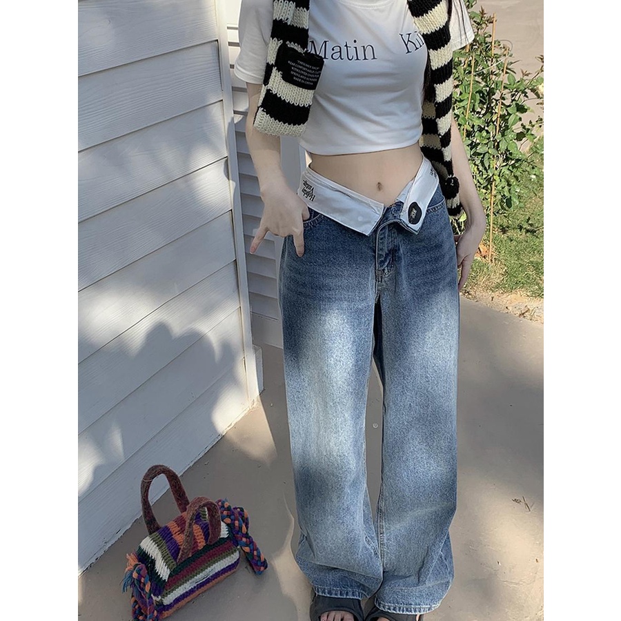 Quần Jean Ống Rộng Lưng Cao Phong Cách Retro Mỹ Thời Trang Cho Nữ