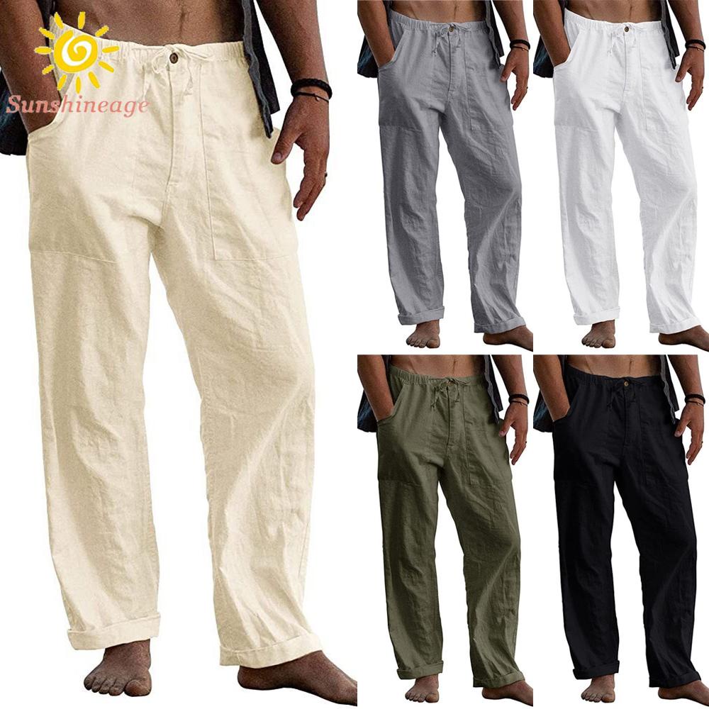 Quần Dài Đi Biển Dáng Rộng Chất Liệu Cotton Lanh Co Giãn Màu Trơn Thời Trang Mùa Hè Cho