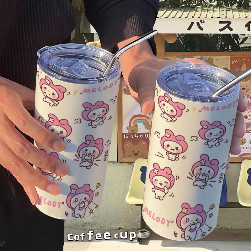 Bình Nước Giữ Nhiệt Bằng Inox Có Ống Hút Họa Tiết Melody Sanrio Dễ Thương