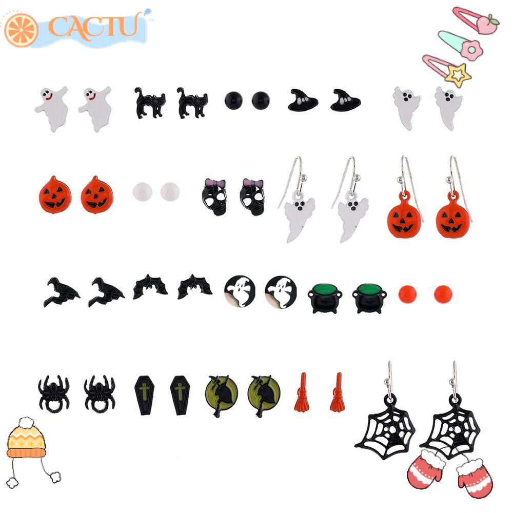 CACTU Bộ 20 Đôi Bông Tai Dáng Dài Họa Tiết Đầu Lâu / Nhện / Đầu Lâu Phù Thủy Cho Dịp Halloween