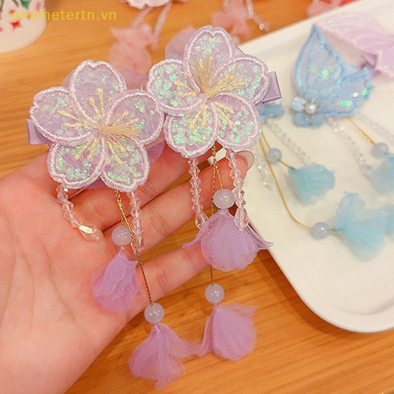 1 Cặp Kẹp Tóc Tua Rua Thêu Hình Hoa / Bướm Handmade Thời Trang Cho Nữ