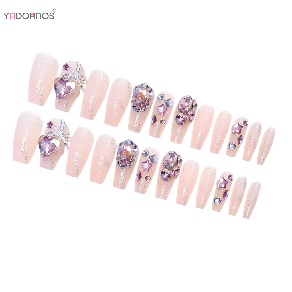 YADORNOS Móng Tay Giả Siêu Dẻo Đính Đá Trái Tim Màu Hồng Xinh Xắn