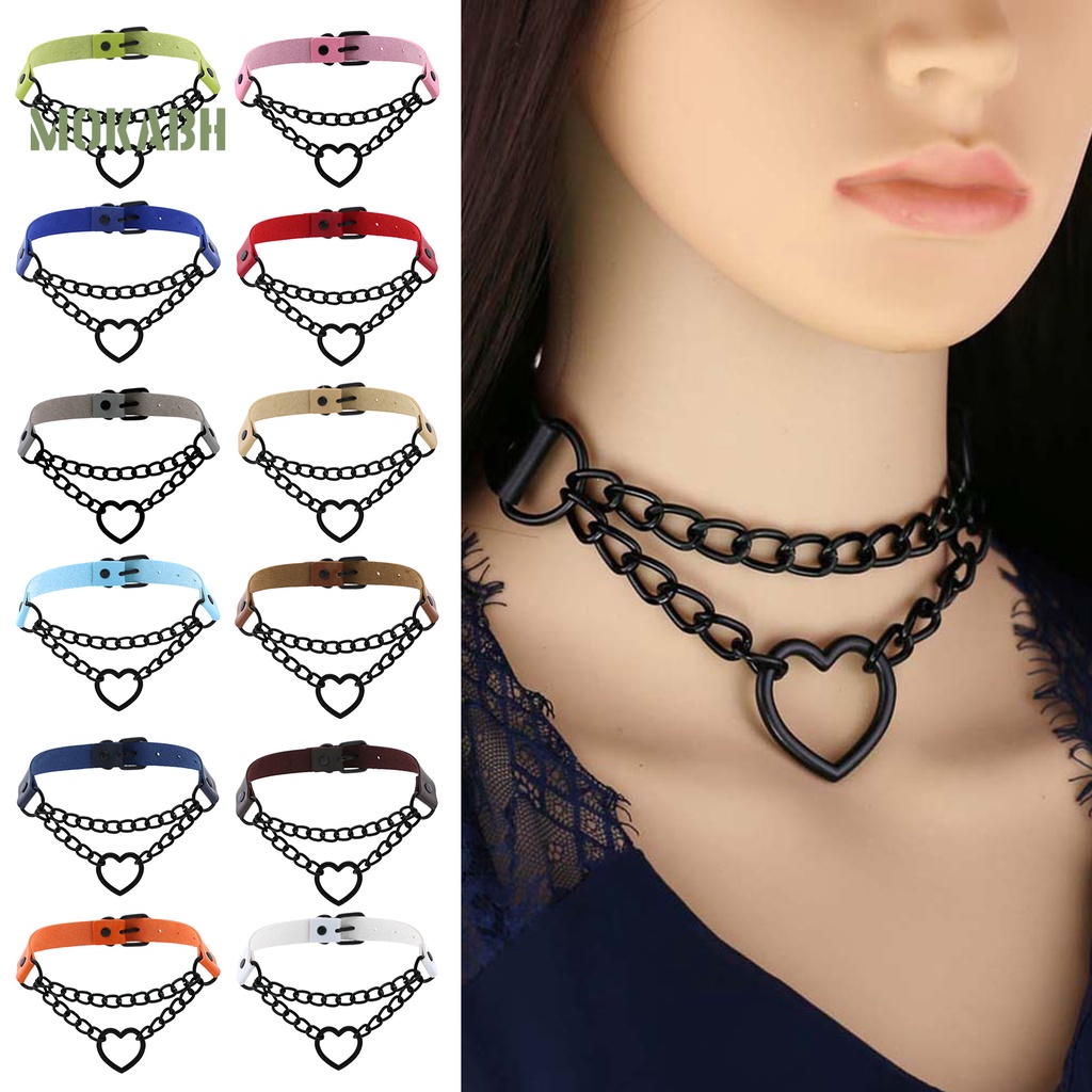 Vòng Cổ Choker Bằng Da Nhân Tạo Hai Lớp Hình Trái Tim Phong Cách Gothic Punk