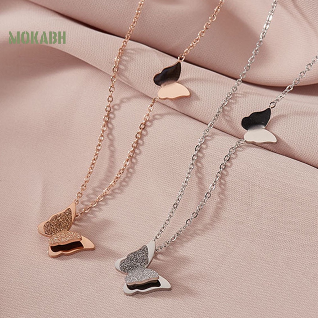 [Mok Abh] Vòng cổ Hai Lớp Bằng Thép Titan Mặt Hình Bướm 3D Cá Tính Cho Nữ