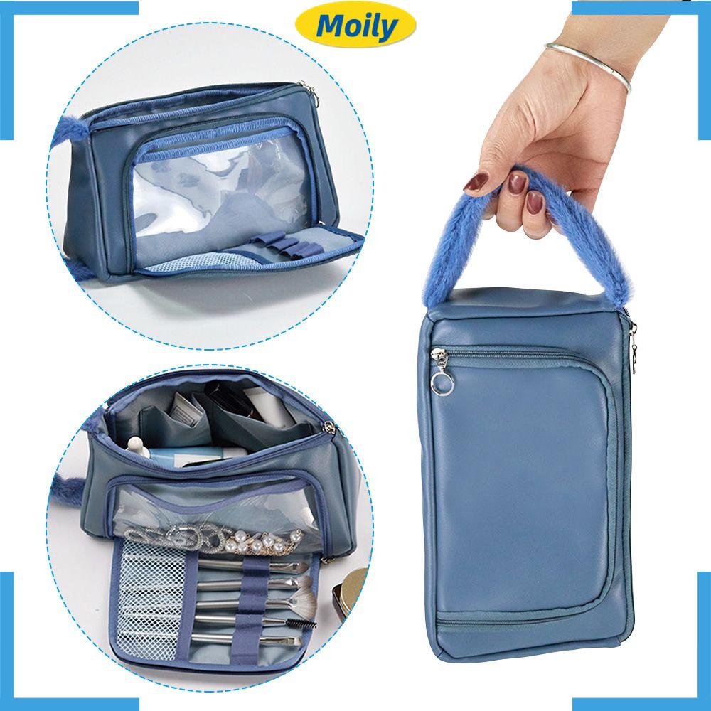 MOILYVN Túi Đựng Mỹ Phẩm Cầm Tay Phối Lông Có Khóa Kéo Tiện Lợi