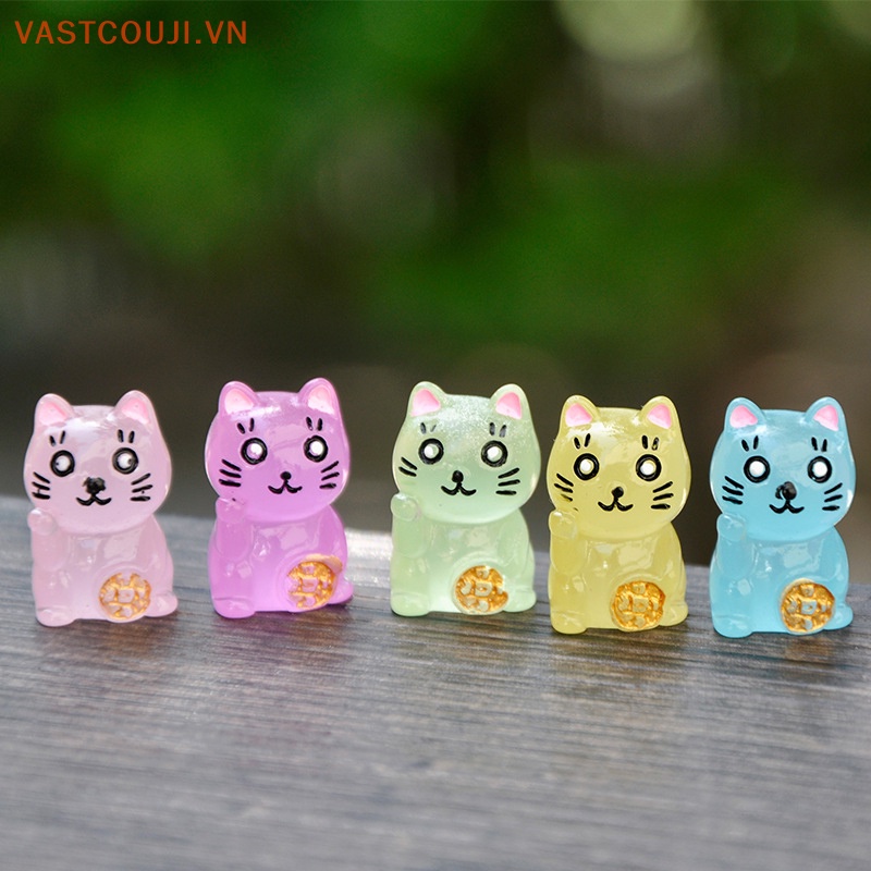 Bộ 2 Mô Hình Chú Mèo May Mắn Mini Bằng Nhựa Resin Màu Dạ Quang Trang Trí Tiểu Cảnh DIY