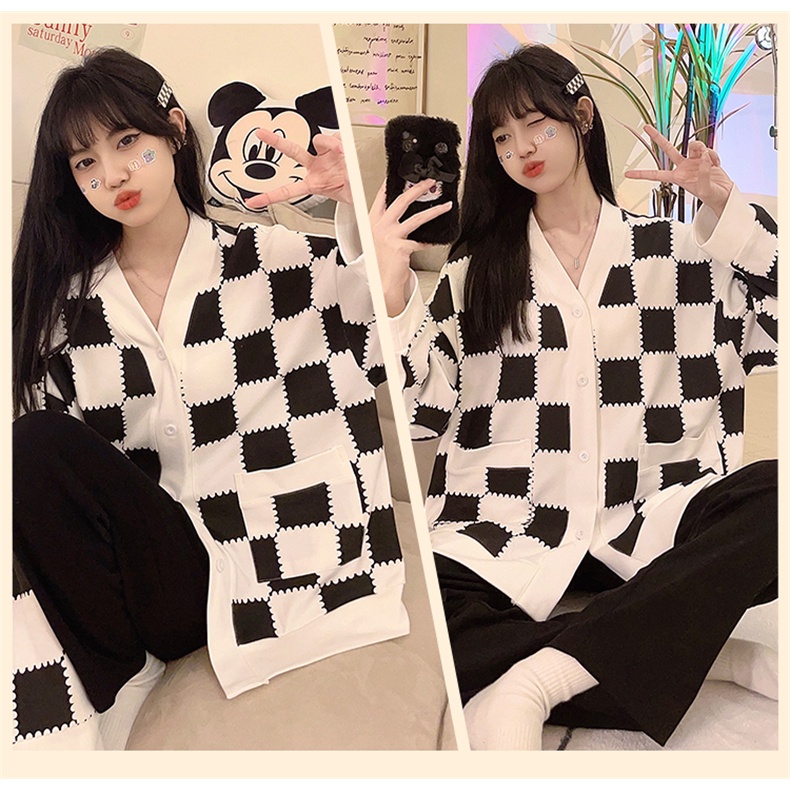 Bộ Đồ Ngủ Dài Tay Mềm Mại Thoải Mái Họa Tiết Kẻ Sọc Màu Đen Thời Trang Xuân Hè Cho Nữ