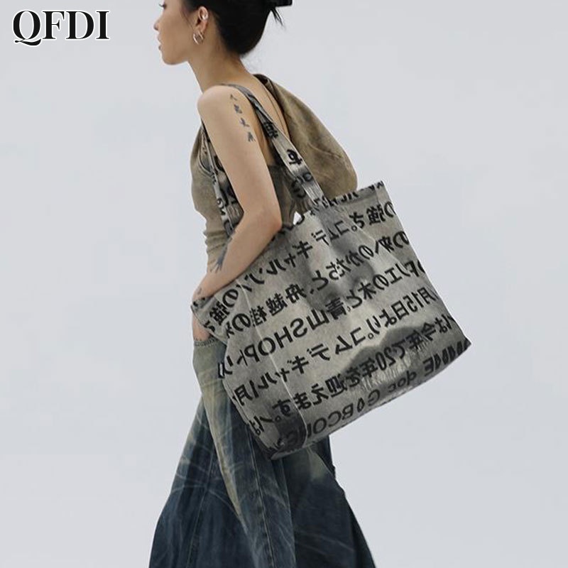 QFDI OFF-WHITE Qfdi Meiya Túi tote canvas Nửa Mặt In Chữ Sức Chứa Lớn