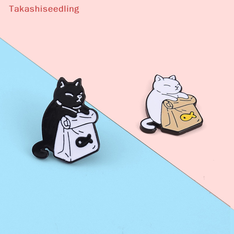 (Takashiseedling) Ghim Cài Áo Hình Chú Mèo Đáng Yêu Tráng Men Màu Trắng Đen