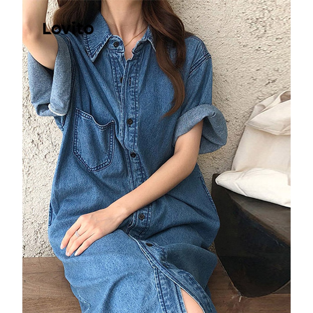Lovito Đầm denim thô có túi màu trơn giản dị dành cho nữ LNA09005 (Màu xanh da trời)