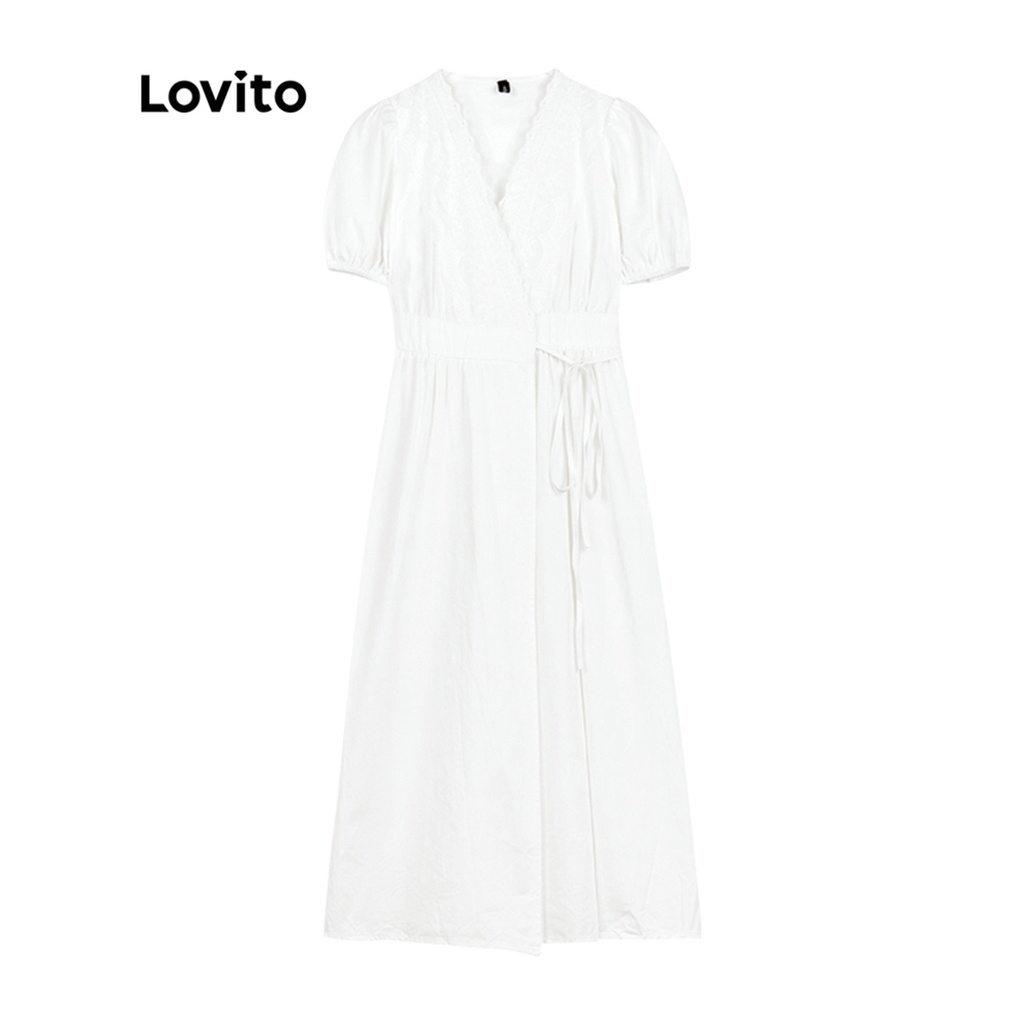 Lovito Đầm midi chữ A cổ chữ V trơn thanh lịch dành cho nữ LNE09072 (Trắng)