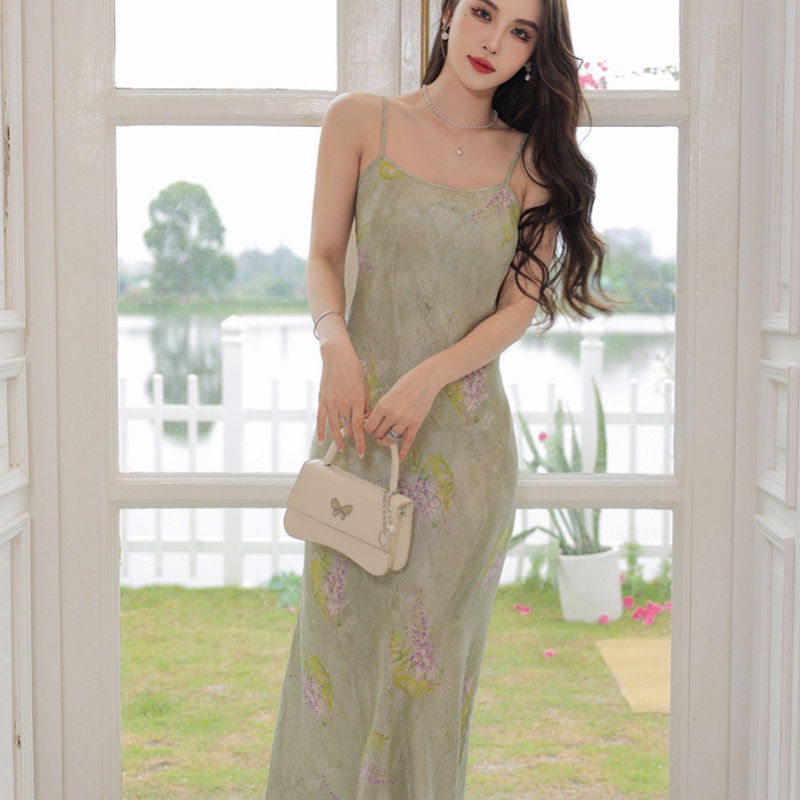 Đầm Hai Dây In Hoa Phong Cách Pháp Thanh Lịch Dễ Phối Đồ Cho Nữ