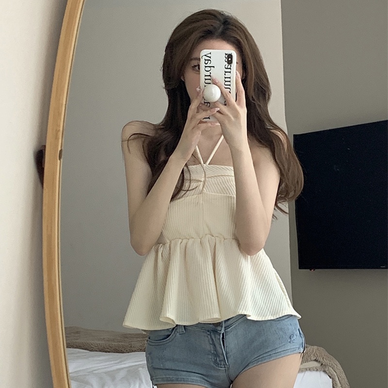 Áo Ngắn Hai Dây Hở Lưng Màu Xanh Dương Cho Nữ