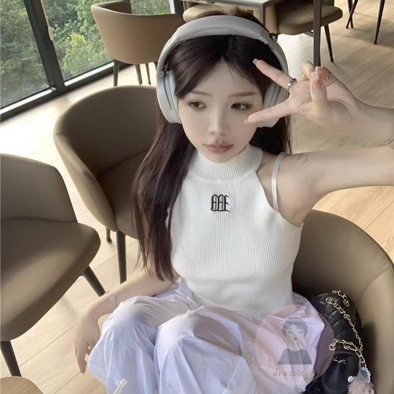 Áo Hai Dây Dệt Kim Ôm Dáng Thêu Chữ Thời Trang Cho Nữ