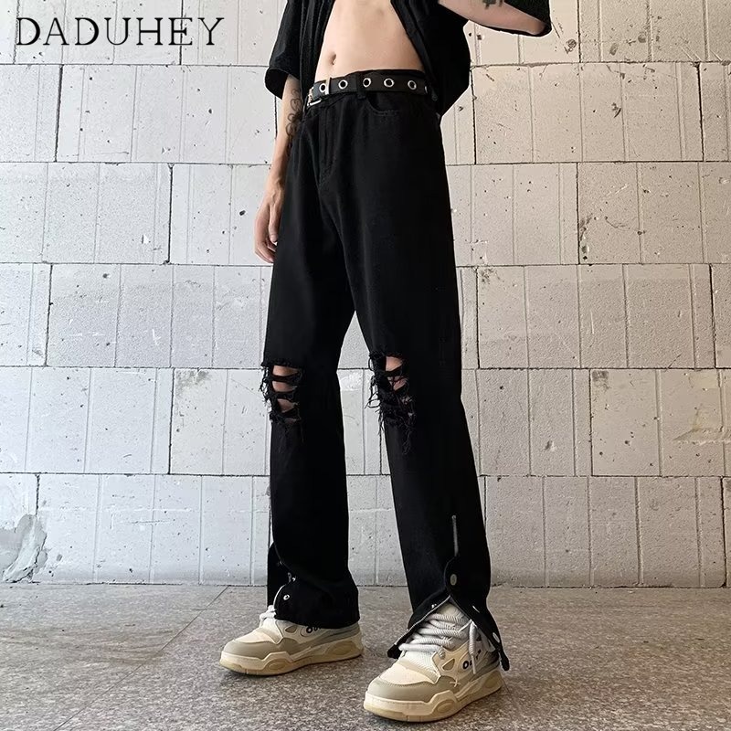 Quần jean nữ DADUHEY dáng dài suông cạp cao kiểu rách thời trang hip hop đường phố cao cấp Mỹ