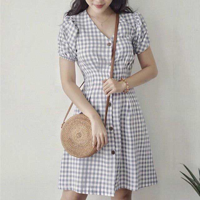 Đầm caro chít eo tay phồng 2 màu nhẹ nhàng thanh lịch