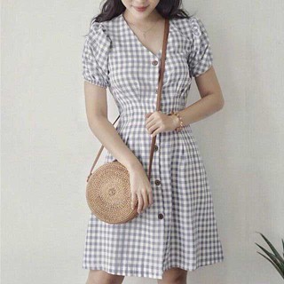 Đầm caro chít eo tay phồng 2 màu nhẹ nhàng thanh lịch