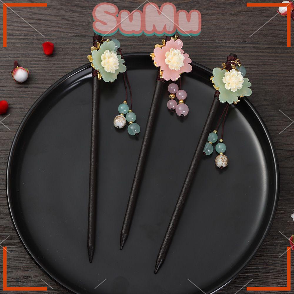 SUMU Trâm Cài Tóc Bằng Gỗ Mun Đính Hoa Phối Tua Rua Phong Cách Retro