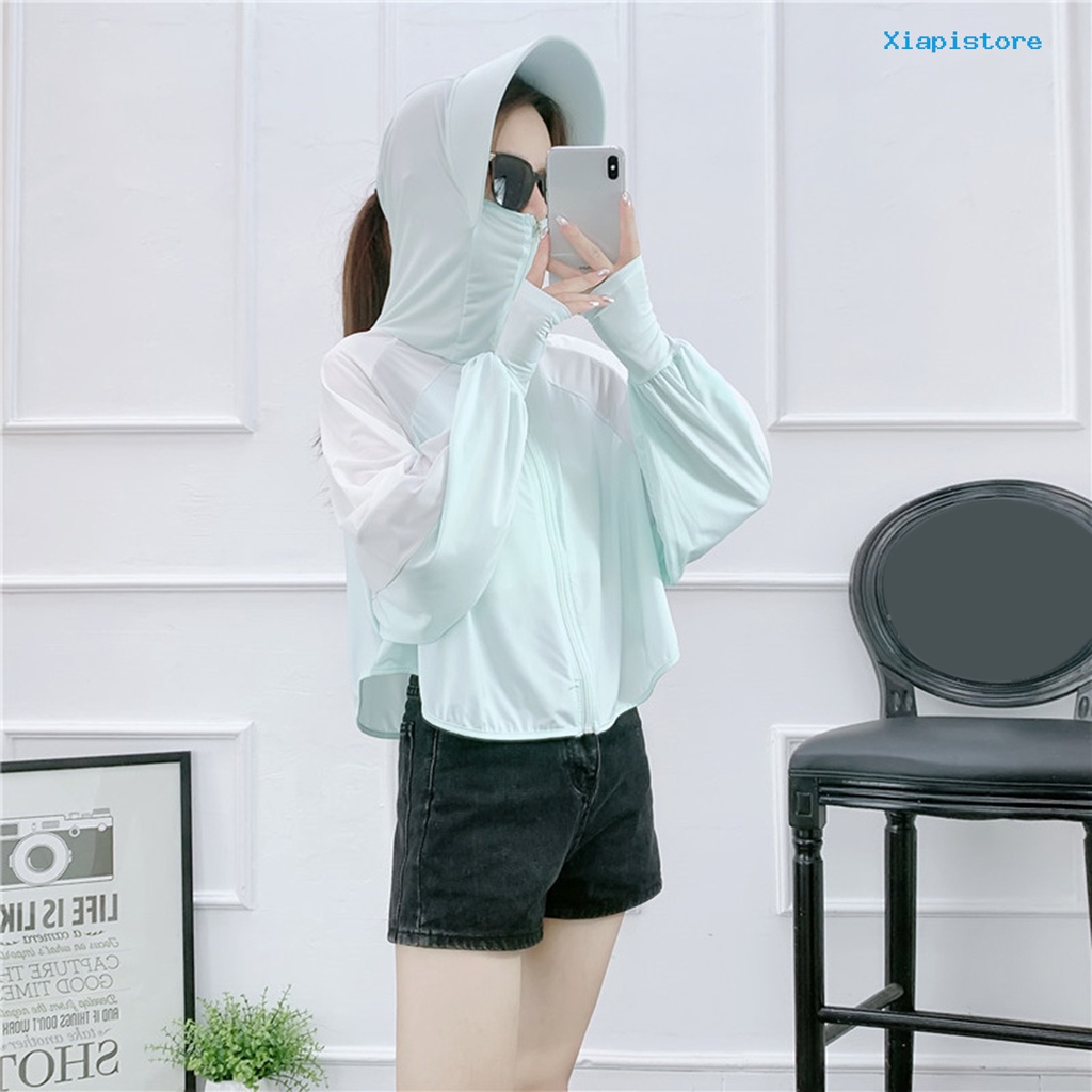 [XI] Áo Khoác Chống Nắng Tay Dài Cổ Đứng Chắp Vá Lỗ Bằng Lụa Lạnh Siêu Mỏng Có Mũ Rộng Vành Cho Nữ