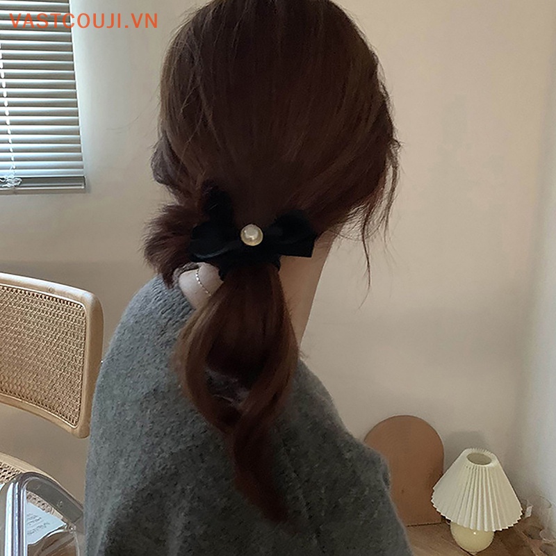 Dây Cột Tóc Cao Su Co Giãn Đính Hạt Ngọc Trai Giả Màu Đen Đơn Giản