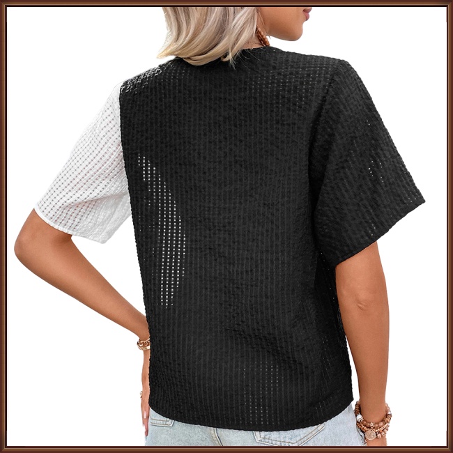 Áo Dệt Kim Tay Ngắn Cổ Chữ V Màu Sắc Tương Phản Thời Trang Cho Nữ