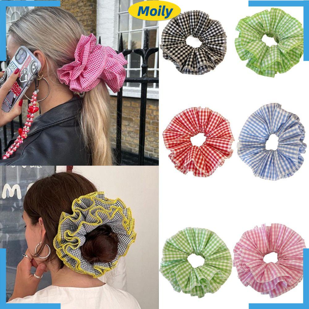 MOILYVN Dây Cột Tóc Scrunchies Vải Ren Hoa Văn Kẻ Ô Thời Trang