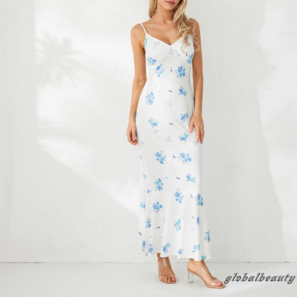 Đầm Dài Không Tay Cổ Chữ V Hở Lưng Họa Tiết Hoa Thời Trang Mùa Hè Cho Nữ